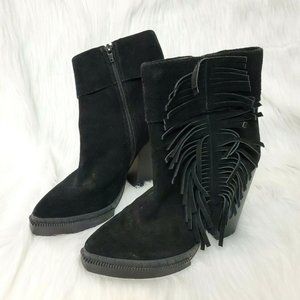 Jeffrey Campbell Ibiza Womens Sz 7.5 Black Suede Fringe Short Boots Heels Shoes